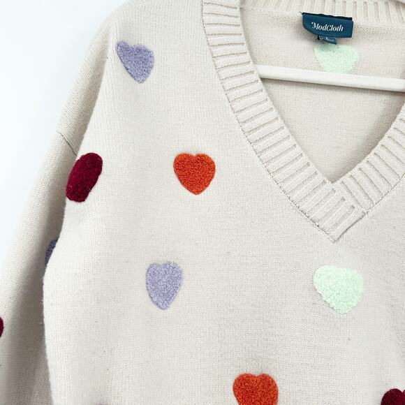 Modcloth Womens Neutral Novelty Valentines Day Heart Knit Pullover Sweater L Tan - Picture 5 of 7